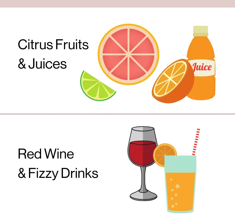 An educational graphic listing acidic items to avoid before brushing: Citrus Fruits and Juices (illustrated with orange, lime, and grapefruit) and Red Wine and Fizzy Drinks (illustrated with a wine glass and a soda with a straw).