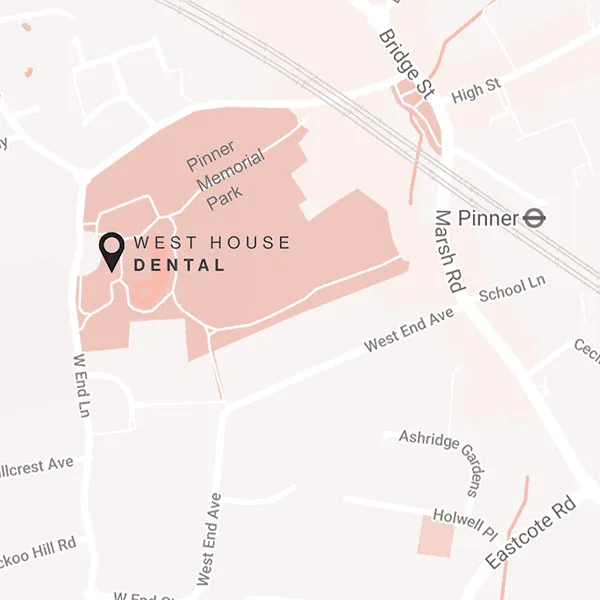 Map showing the location of West house Dental in Pinner Memorial Park, Pinner