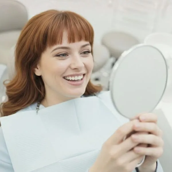 Woman checking her smile in mirror after Invisalign treatment at West House Dental, Pinner